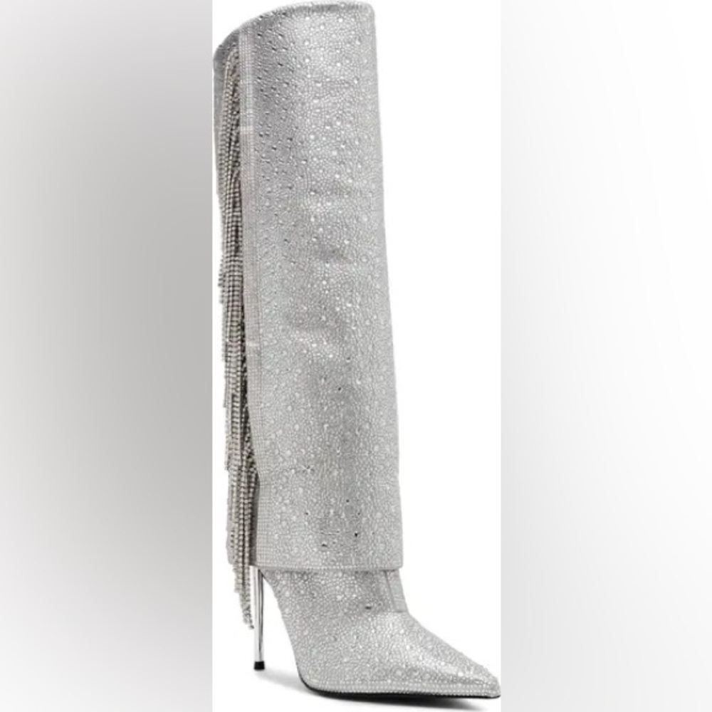 Steve Madden Silver Women's Boots Sanya Rhinestone Fringe Knee High Boot 6M NWOT